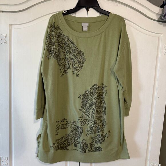 Chico's Moss Green Pullover, 3/4 Sleeve Top, Size Medium - Picture 1 of 11